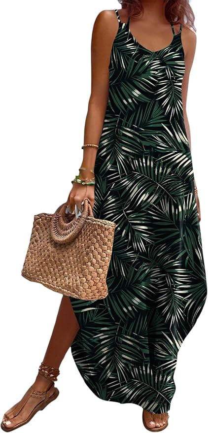 Zeagoo Women's Casual Sundress Summer Maxi Sleeveless V Neck Split Boho Beach Dress Travel Vacati... | Amazon (US)