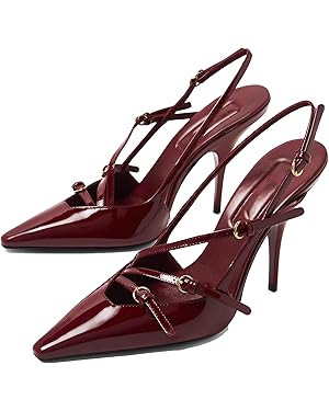 YIYA Women's Cherry Red Heels for Fall Slingback Closed Pointed Toe Stiletto High Heels Backless ... | Amazon (US)
