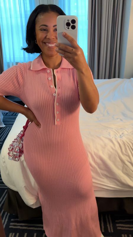 Women's V Neck Ribbed Knit Maxi Dress Button Short Sleeve Slim Fit Bodycon Sweater Dress - soft pink 

#LTKfindsunder50 #LTKworkwear #LTKSeasonal