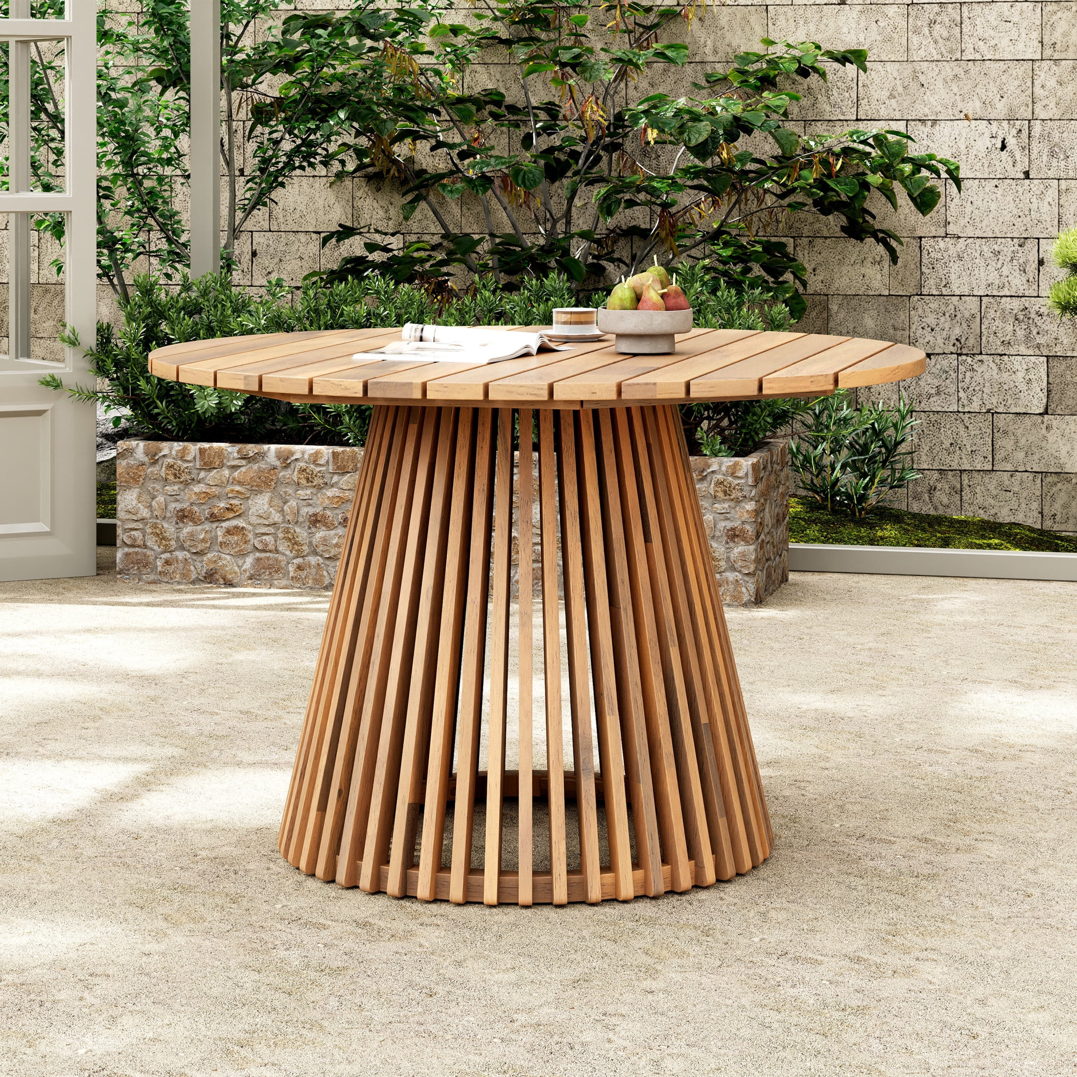 Christopher Knight Home 47" Round Outdoor Dining Table, Wood Patio Table with Slatted Pedestal Ba... | Walmart (US)