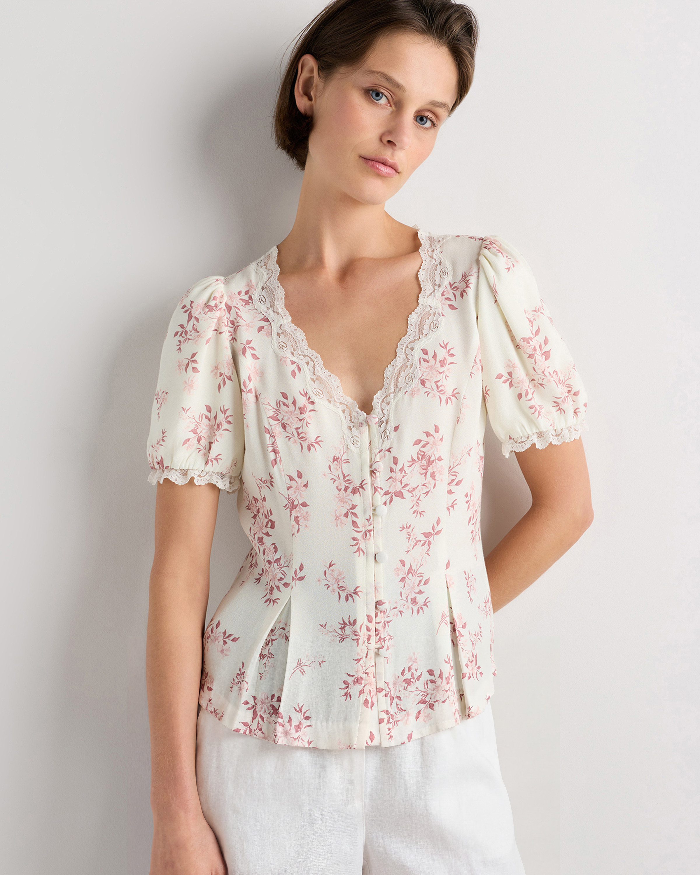 Quince | Women's Lightweight Crepe Lace Puff Sleeve Blouse in Black, Size Large, Viscose | Quince