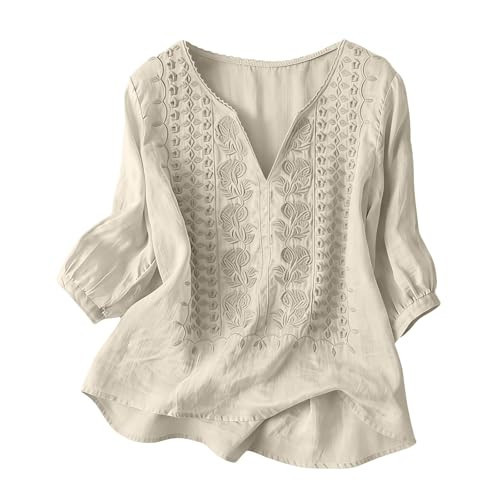 Embroidered Tops for Women 3/4 Sleeve Womens Boho V Neck Tops Cotton Linen Mexican Embroidered Shirts Plus Size Flowy Lace Tunic Peasant Blouses Beige XXL | Amazon (US)