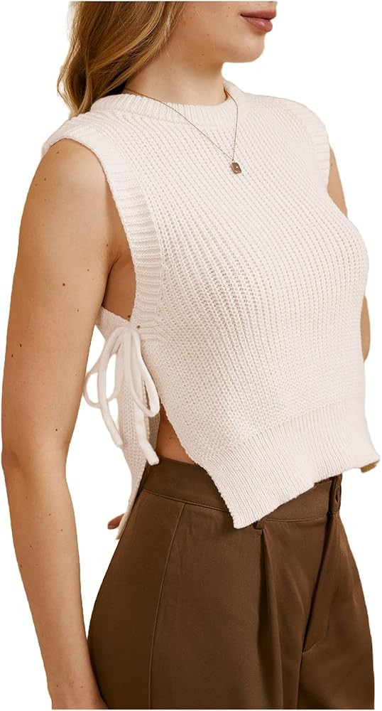 MakeMeChic Women's Tie Side Sweater Vest Tops Split Hem Knitted Sleeveless Crew Neck Tank Fall To... | Amazon (US)