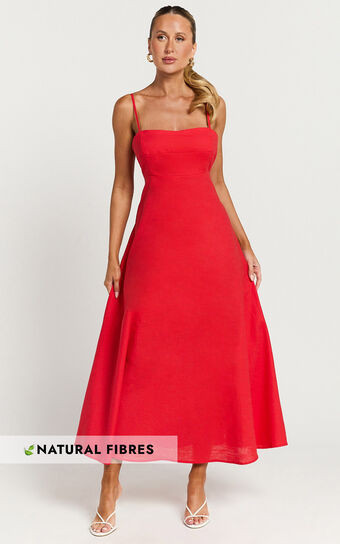 Brette Midi Dress - Linen Straight Neck Strappy Fit And Flare Dress in Red | Showpo (ANZ)