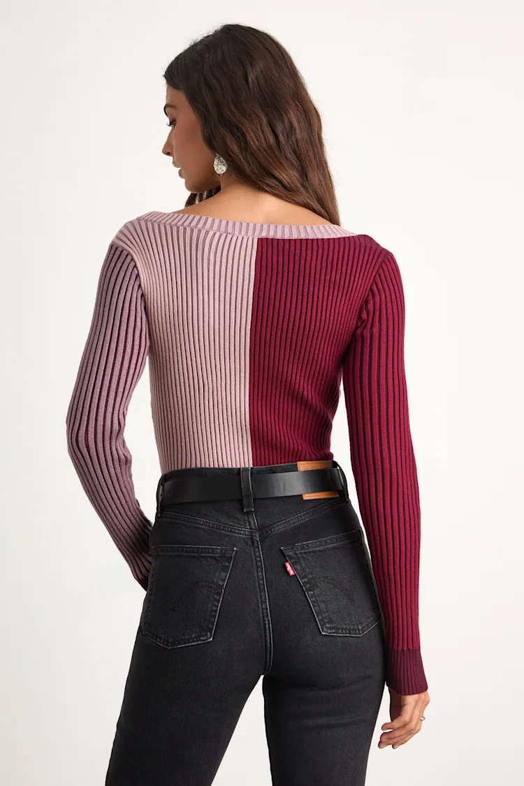 Mod Cutie Burgundy Color Block Ribbed Long Sleeve Bodysuit | Lulus