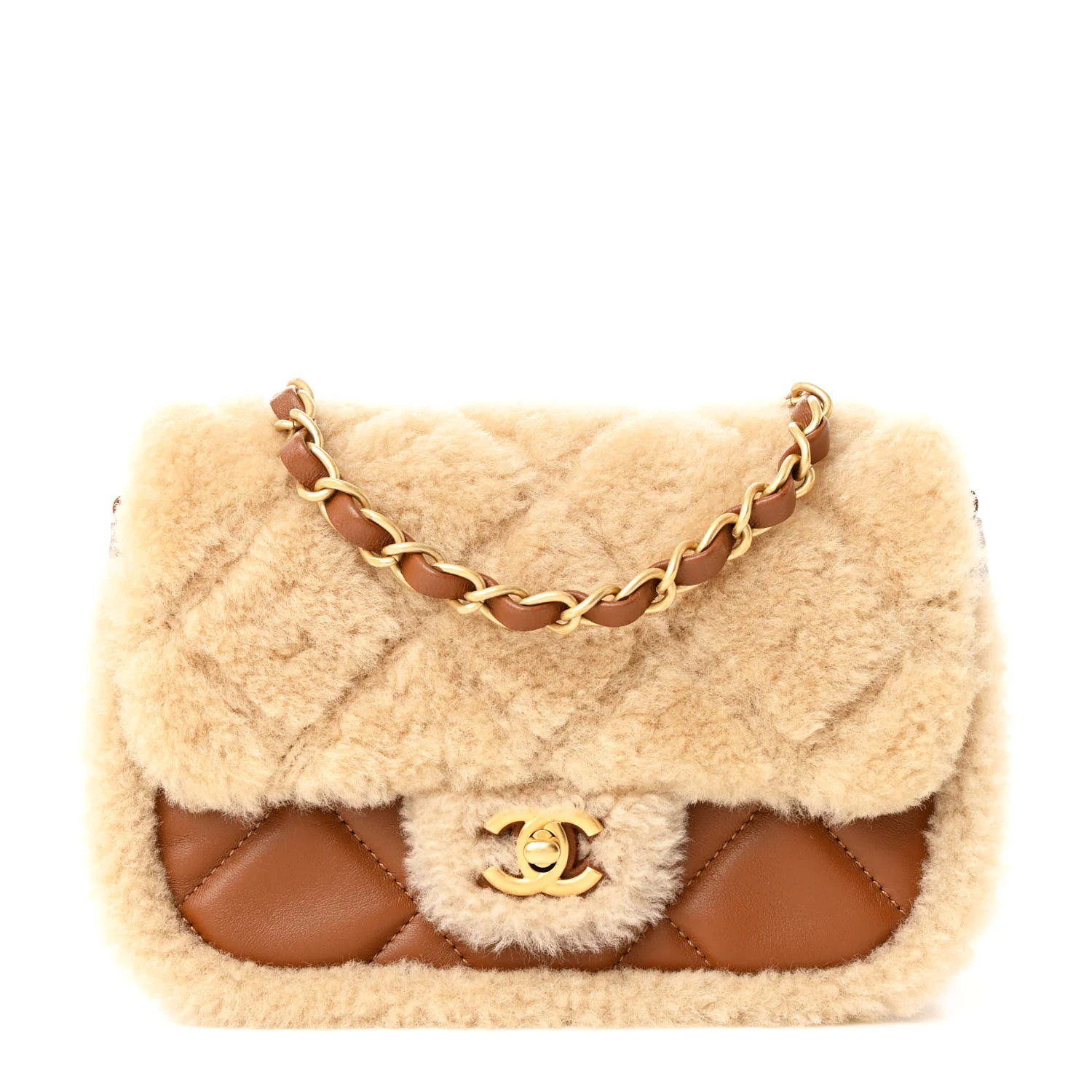 Shearling Lambskin Quilted Mini Furry Coco Flap Beige Brown | FASHIONPHILE (US)