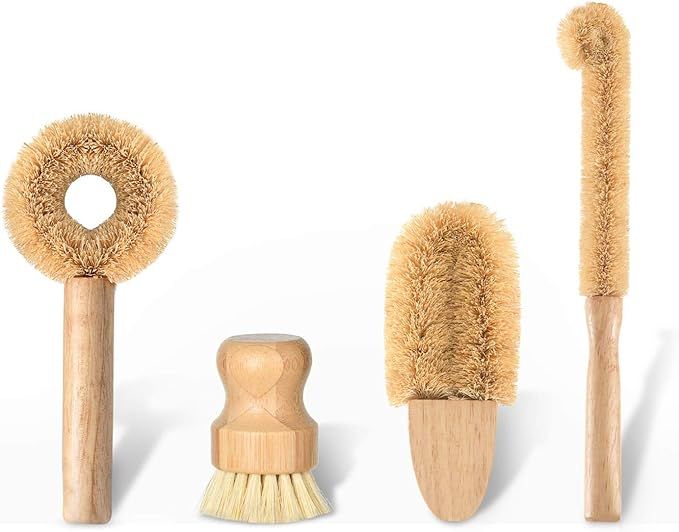 SUBEKYU Kitchen Scrub Brush Set of 4, All Natural Cleaning Brushes for Dish/Bottle/Vegetable/Pan/... | Amazon (US)