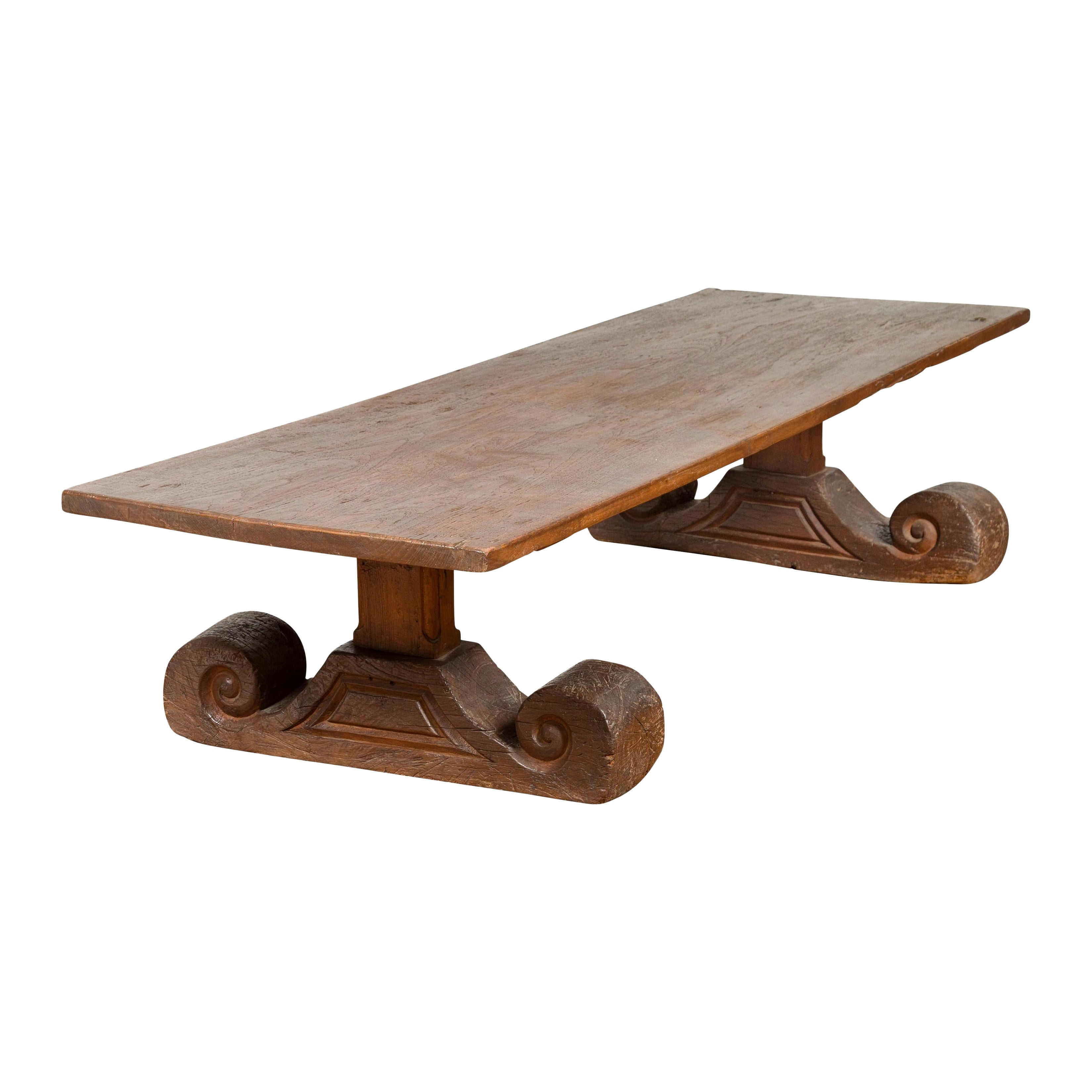 Rustic 19th Century Elm Coffee Table with Large Scrolling Feet | 1stDibs