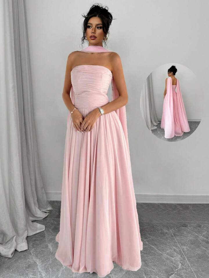 Elenzga 1pc Women Solid Color Halter Dress With Pleated Detail, Elegant Sleeveless Long Dress Maxi Women Outfit | SHEIN