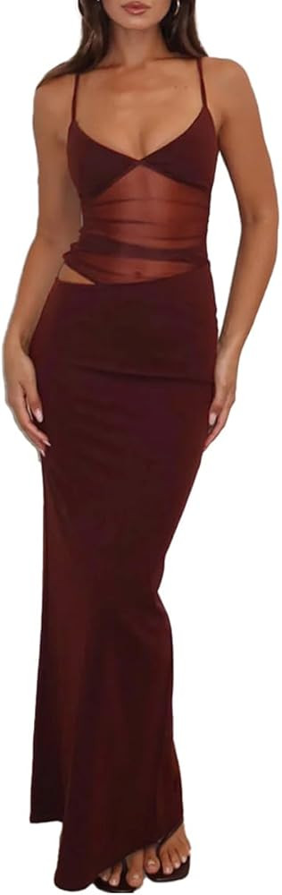 Women's Sexy V Neck Spaghetti Strap Bodycon Maxi Dress Backless Mesh Cut Out Cocktail Long Formal... | Amazon (US)