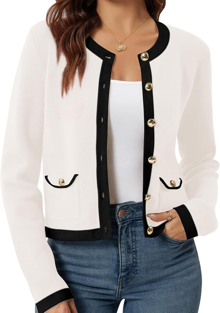 Yousify Womens 2024 Open Front Button Down Cardigan Long Sleeve Pockets Color Block Knit Cropped ... | Amazon (US)