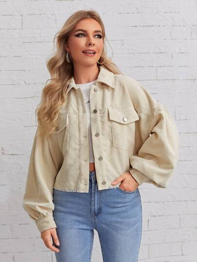 SHEIN Button Front Raw Hem Corduroy Jacket | SHEIN