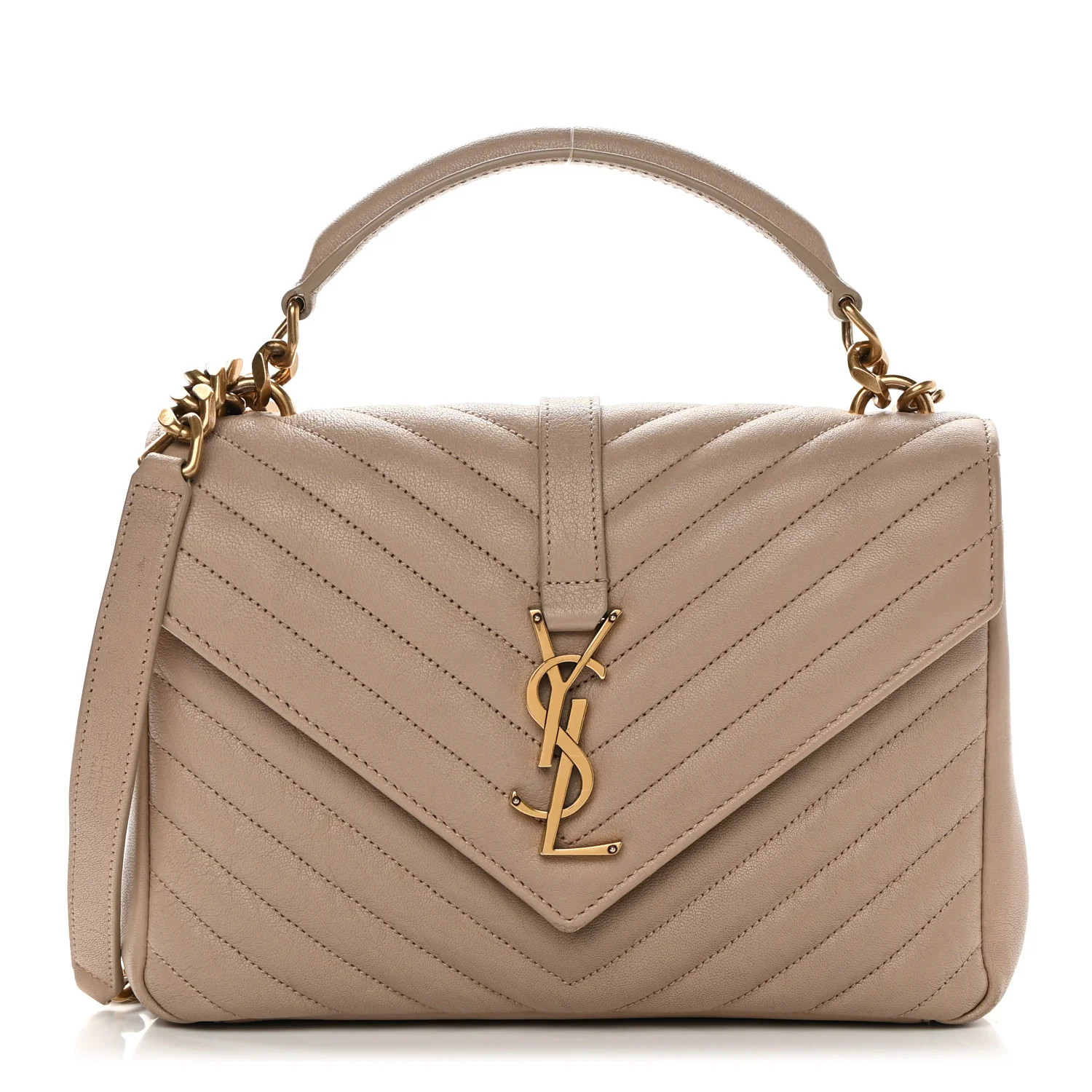 Sheepskin Matelasse Chevron Monogram Medium College Bag Dark Beige | FASHIONPHILE (US)