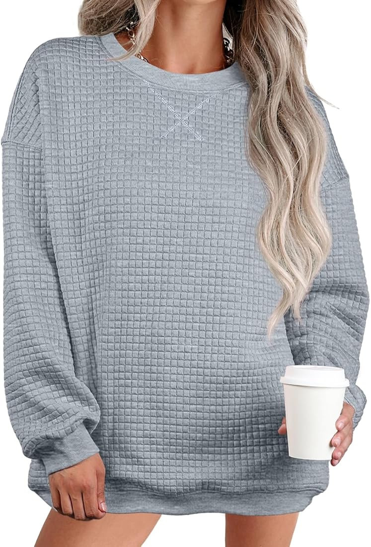 Womens Oversized Waffle Knit Sweatshirts Casual Long Sleeve Crewneck Pullover Tops | Amazon (US)