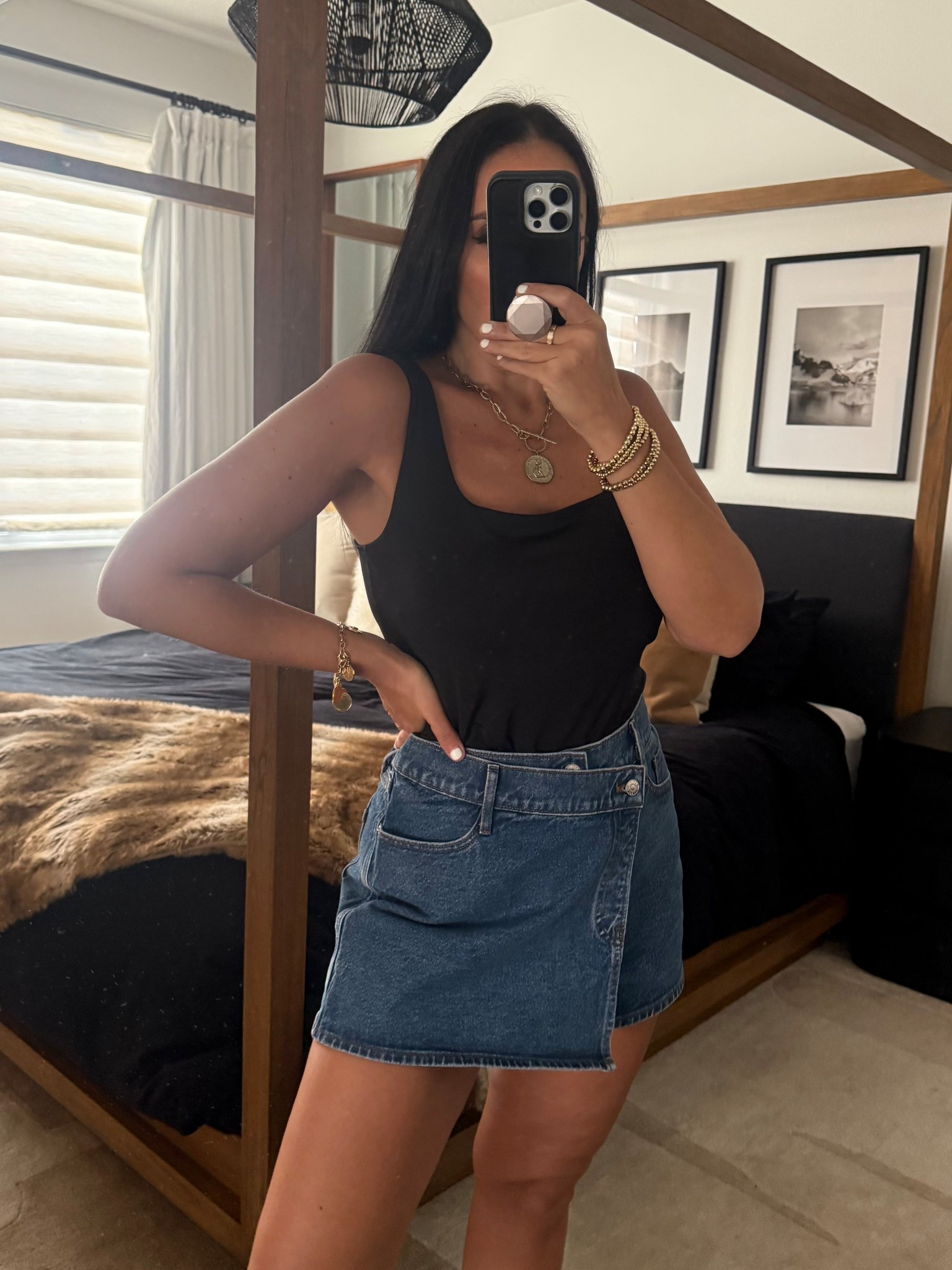 Body Contour Compression Scoop Neck Tank. High Waisted Medium Wash Wrap Mini Denim Skort
