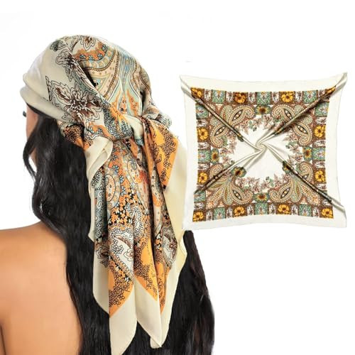 WODFAMY 35”Large Silk Head Scarves - 1Pcs bandanas for women elegance silk scarf for women Like Scarf Headscarf hair scarf beige | Amazon (US)