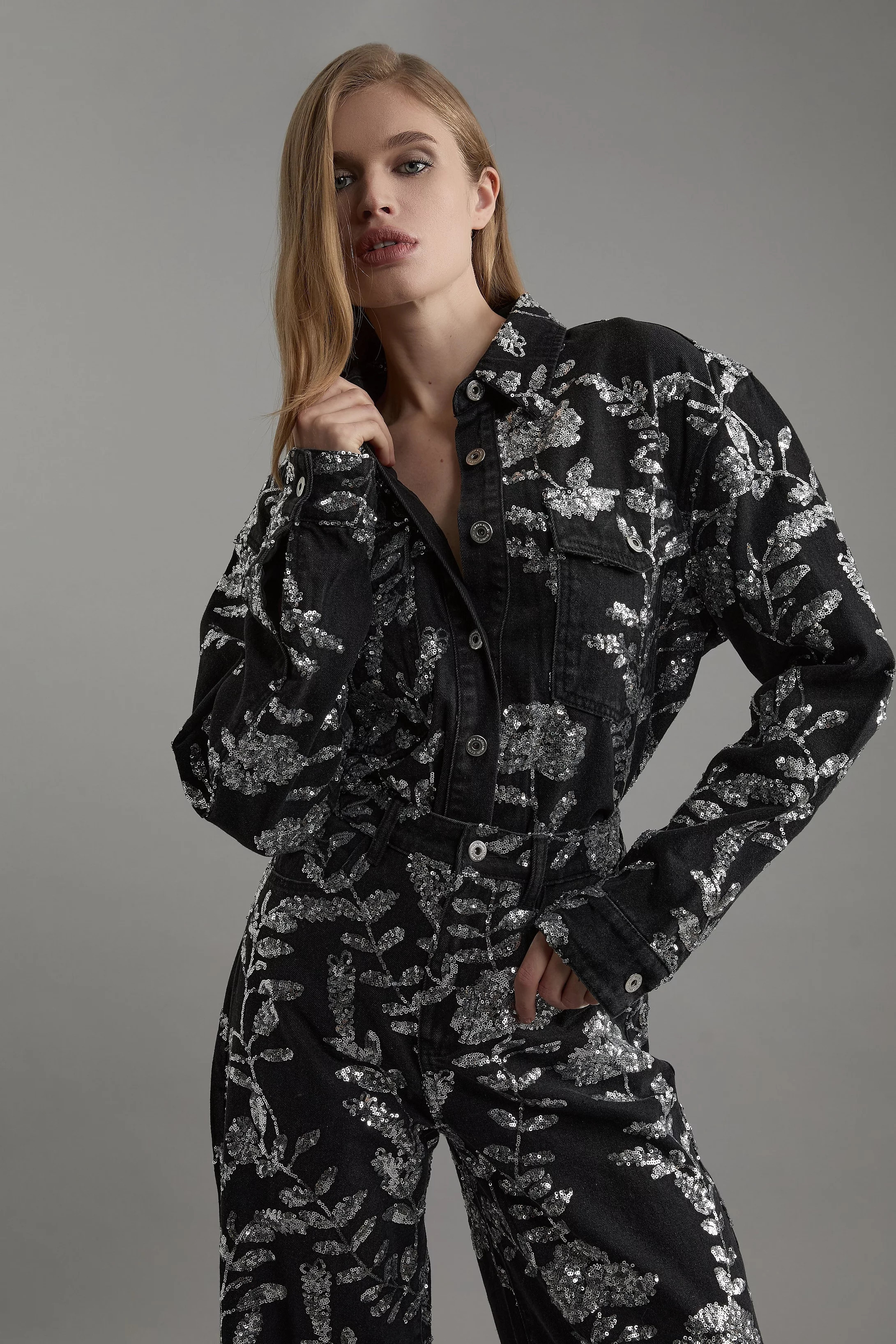 Denim All Over Floral Sequin Jacket | Karen Millen UK + IE + DE + NL