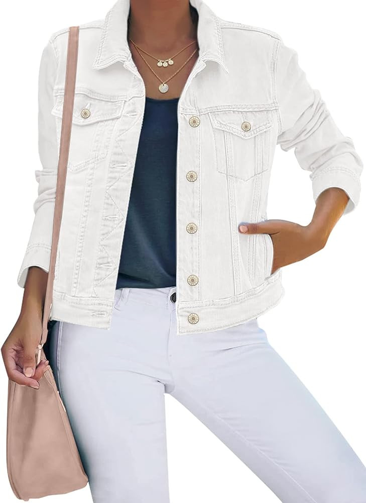 luvamia Women's Basic Button Down Stretch Fitted Long Sleeves Denim Jean Jacket | Amazon (US)