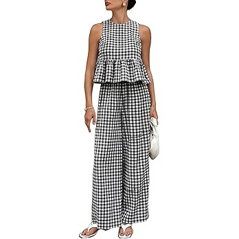 Tanming Women's 2 Piece Set Outfits Gingham Plaid Tank Tops Wide Leg Pants Matching Lounge Sets | Amazon (US)
