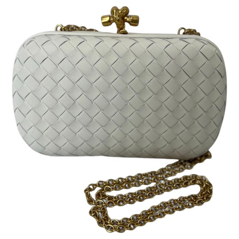 Bottega Veneta Intrecciato White Leather Clutch with Gold Chain | 1stDibs