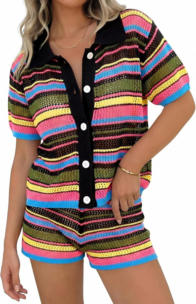 Tankaneo Womens 2 Piece Sweater Shorts Sets Knit Color Block Summer Outfits Short Sleeve Tops Cov... | Amazon (US)