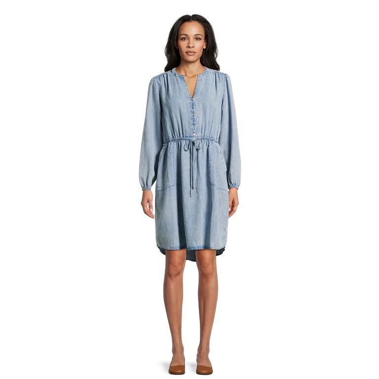 Time and Tru Women's Button Front Drawstring Waist Dress with Long Sleeves, Sizes XS-3XL | Walmart (US)