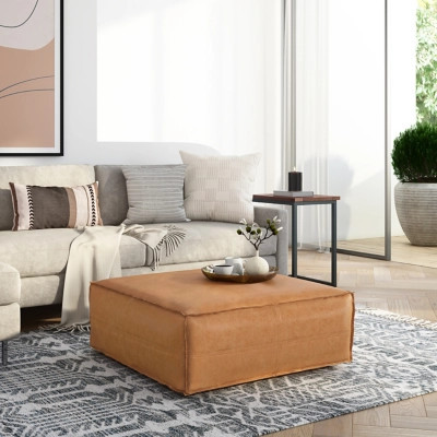 Simpli Home Brody Square Distressed Faux Leather Ottoman, Distressed Brown | Ashley
