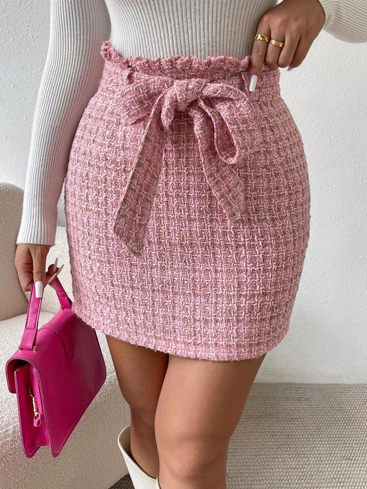 SHEIN Privé Paperbag Waist Belted Tweed Skirt | SHEIN