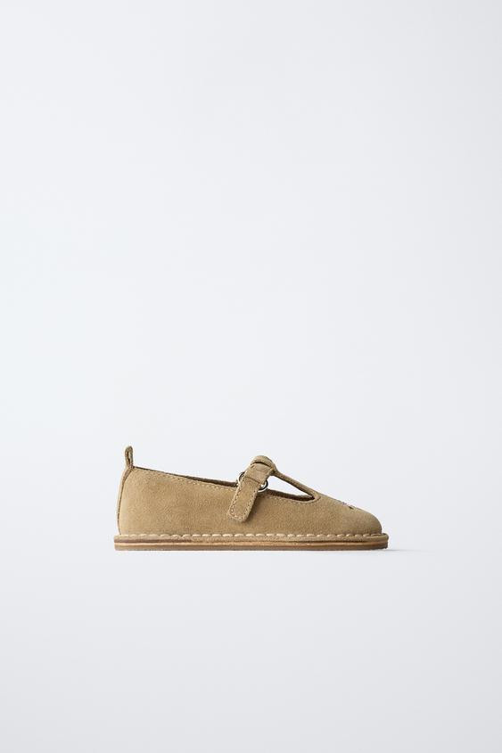 EMBROIDERED LEATHER T-STRAP BALLET FLATS | Zara US