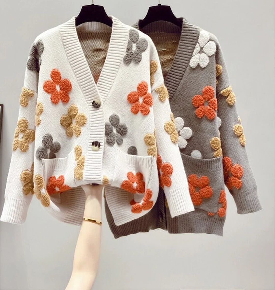 Flower Cardigan, Beige Knitted Sweater, Floral Pattern Cardigan, Harajuku V Neck Cardigan, Korean... | Etsy (US)