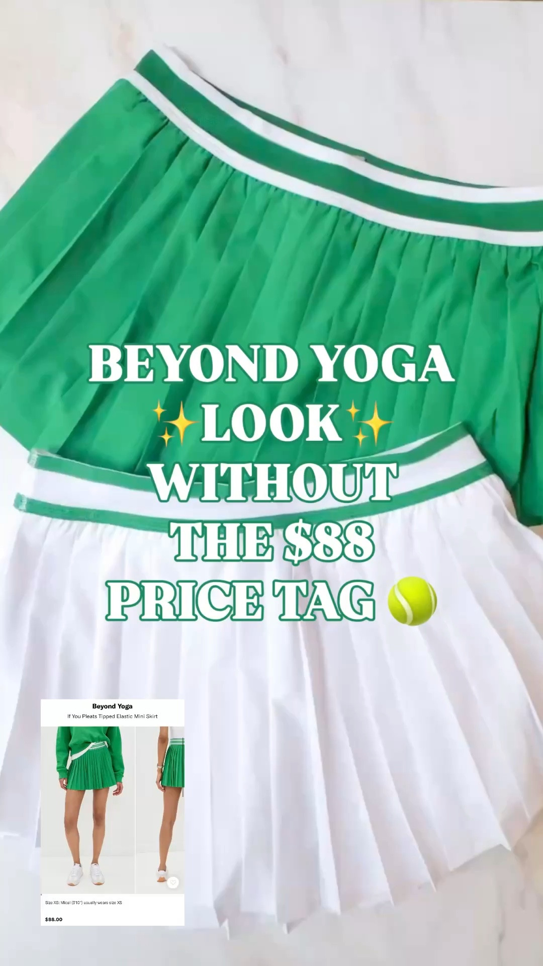 Beyond Yoga skirt look for less, Beyond Yoga If You Pleats skirt look for less, Walmart tennis skort, pleated tennis skirt, pickleball skirt, preppy activewear, tennis outfit women, golf skort women

This Walmart tennis skort has the Beyond Yoga If You Pleats skirt look without the $88 price tag.

The crisp pleats, contrast waistband, curved hem, and built-in shorts give it that polished preppy activewear feel that works for tennis, pickleball, golf, walking, errands, vacation, school pickup, and everyday athleisure outfits. It has that country club sporty look people love right now, but at a much easier price.

Details that make it good:
✨ Beyond Yoga look for less
✨ pleated tennis skort
✨ built-in shorts
✨ ball pocket
✨ moisture-wicking fabric
✨ pull-on elastic waistband
✨ contrast trim
✨ mini length
✨ machine washable
✨ comes in white and green

The fabric is 90% polyester and 10% spandex, so it has stretch, movement, and that activewear feel you want for on-and-off-the-court outfits. The built-in shorts make it practical, and the pleats make it look way more styled. 

Style it with the matching tank, a white workout top, a striped sweater over your shoulders, sneakers, a visor, or a quarter zip for the full preppy tennis outfit look.

If you love Beyond Yoga, preppy activewear, tenniscore outfits, pickleball outfits, golf outfits, country club style, or cute Walmart activewear finds, this skort is an easy add.

Beyond Yoga skirt look for less, Beyond Yoga If You Pleats skirt, Walmart tennis skort, Avia tennis skort, pleated tennis skirt, pleated skort women, tennis skirt women, tennis skort women, pickleball skirt, golf skort women, active skirt women, workout skort women, athletic skort, built in shorts skirt, ball pocket skort, moisture wicking skort, preppy activewear, tenniscore outfit, country club outfit, sporty preppy outfit, Walmart activewear, Walmart workout clothes, designer look for less

#PreppyStyle #LookForLess #LTKFindsUnder50 #BeyondYoga

#LTKPetite #LTKActive #LTKSeasonal