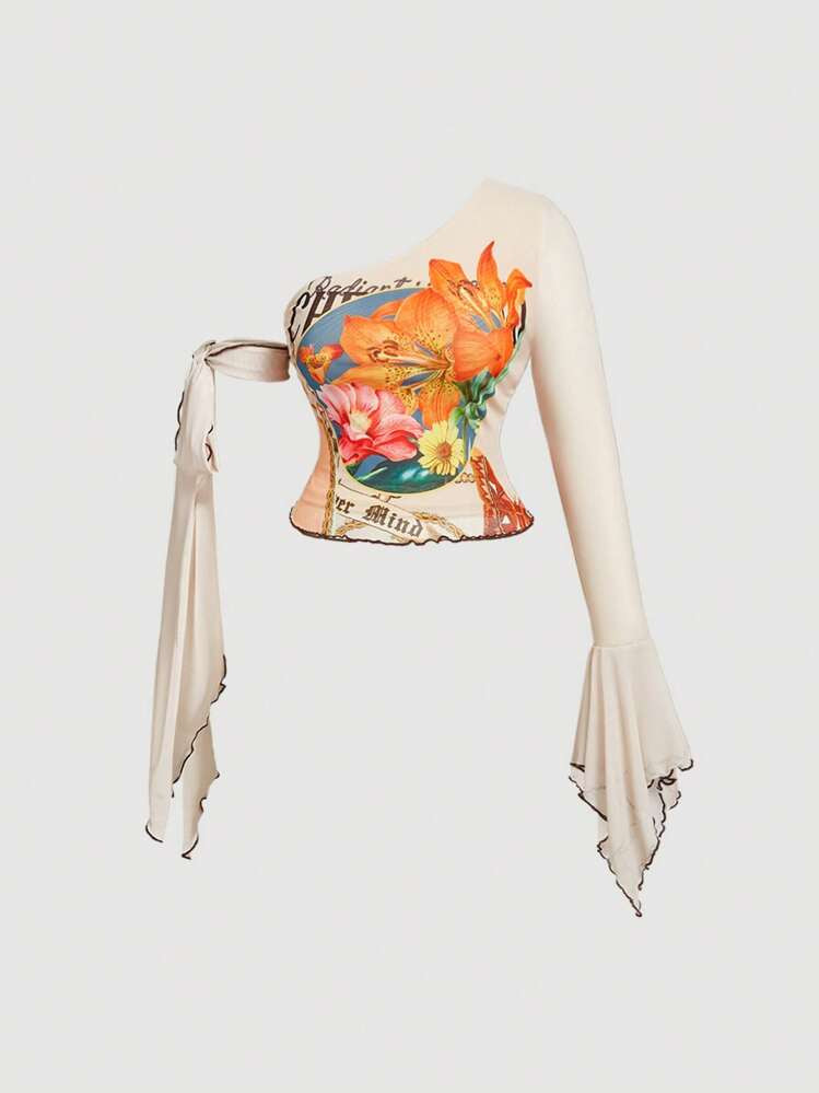 SHEIN MOD Plus Size Asymmetrical Shoulder Ruffle Wave Tie Bow Casual Bohemian T-Shirt,Summer Clothes,Women Tops,Work Blouses For Women,Women Plus Tops,Summer Set | SHEIN