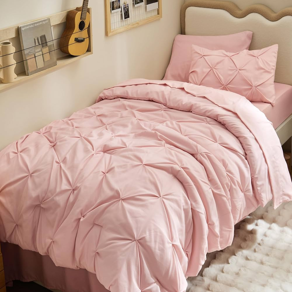 Bedsure Twin XL Comforter Set - Extra Long 5 Pieces Dorm Bedding Sets, Pinch Pleat Pink Bed in a ... | Amazon (US)