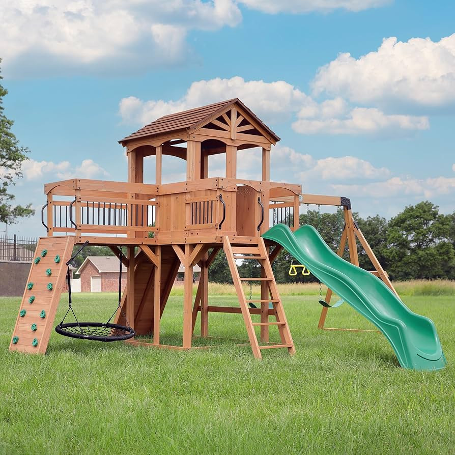 Backyard Discovery Sterling Point Cedar Wood Swing Set with Wave Slide, Raised Clubhouse, Wooden ... | Amazon (US)