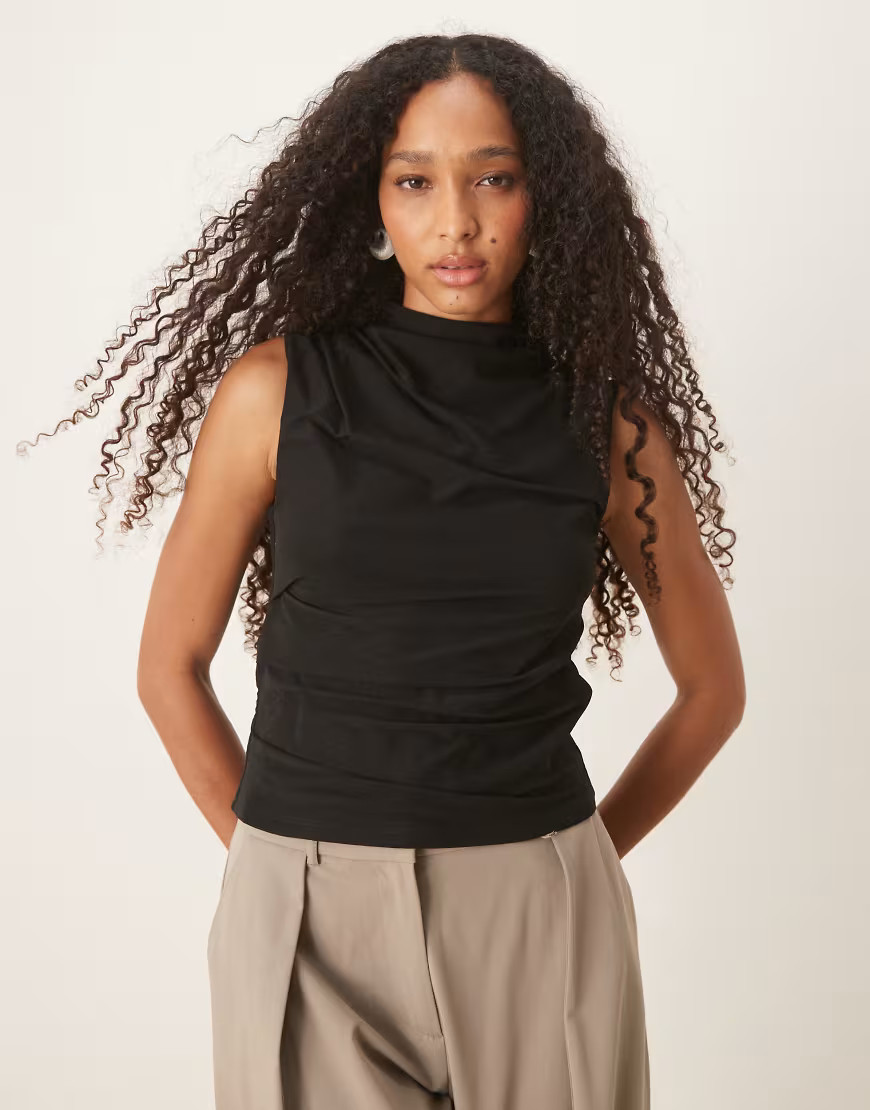 ASOS DESIGN semi sheer high neck ruched top in black | ASOS (Global)