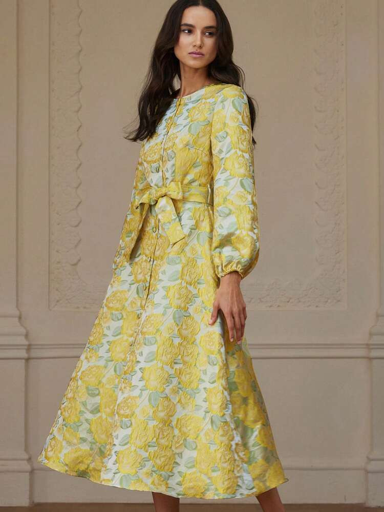 Aveloria Rosie Textured Burnout Raised Embossed Decor Round Neck Belted Dress With Button Trim | SHEIN