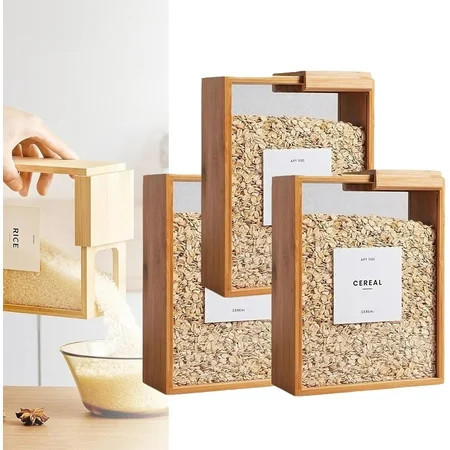 Wooden Cereal Storage Box, Airtight Pantry Bins Container with Lids, Dry Food Dispenser Large Capacity 101oz, for Kitchen, Square Pantry Organization with Labels for Sugar, Nut, Coffee Bean, Tea (1) | Walmart (US)