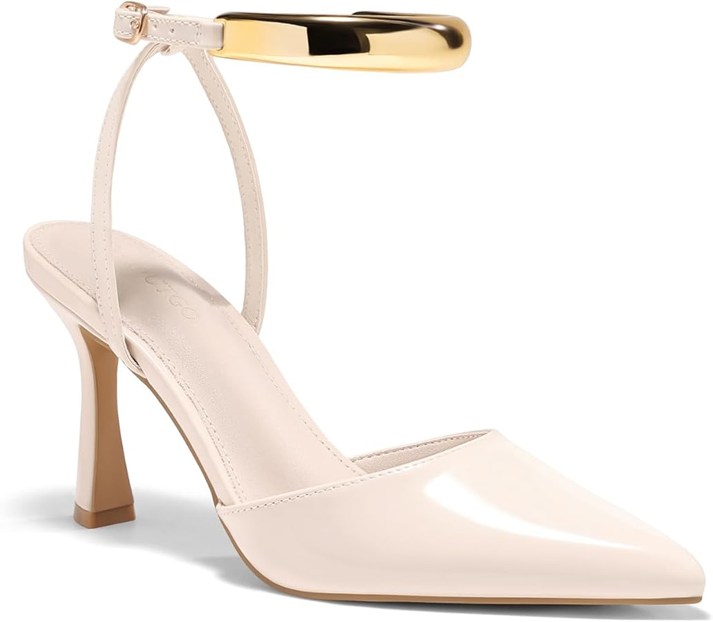 Coutgo Womens Strappy High Heels Closed Pointed Toe Pumps Ankle Strap Metal Party Dress Shoes | Amazon (US)