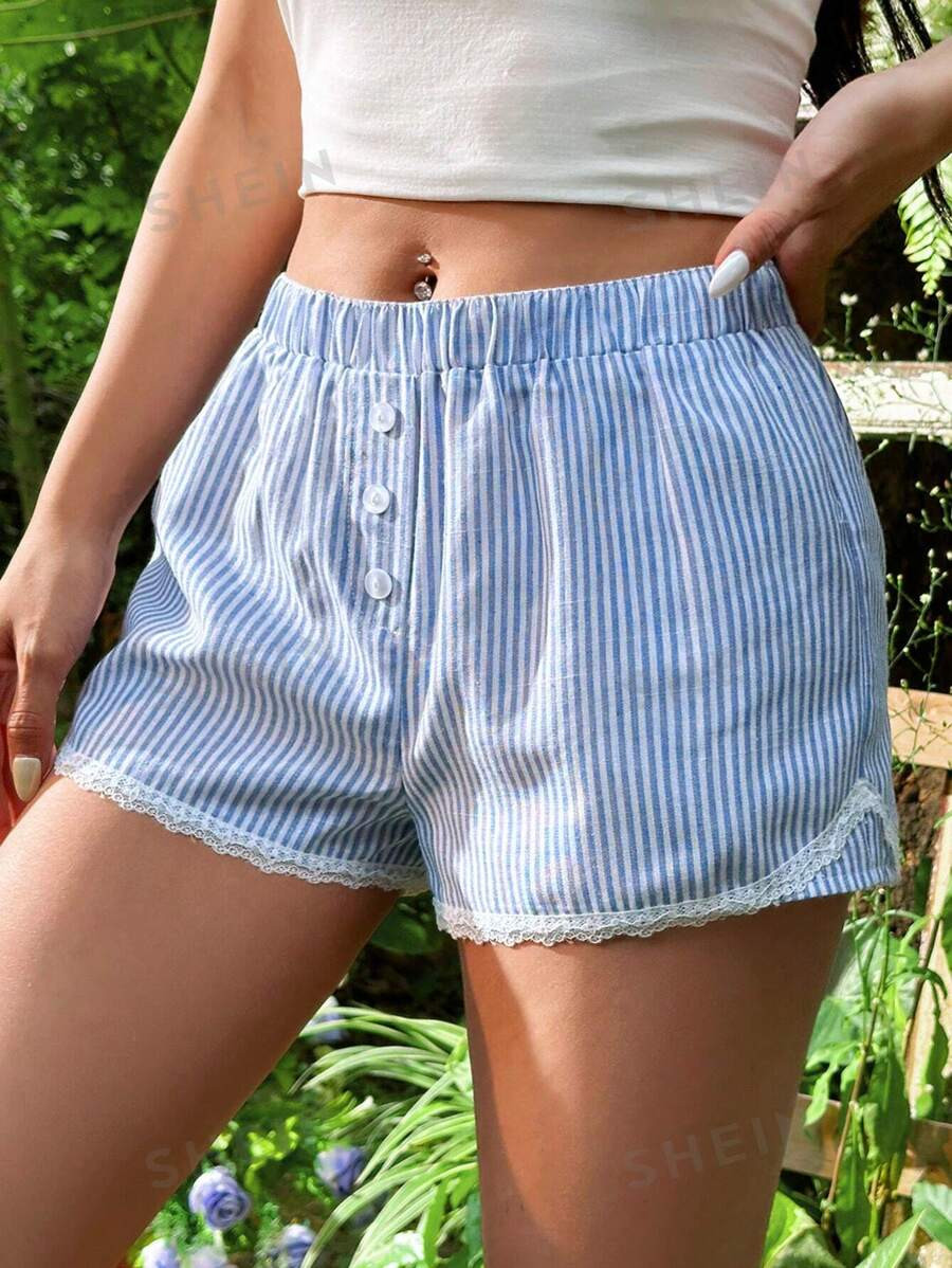 SHEIN EZwear Women's Striped Lace Trim Shorts | SHEIN