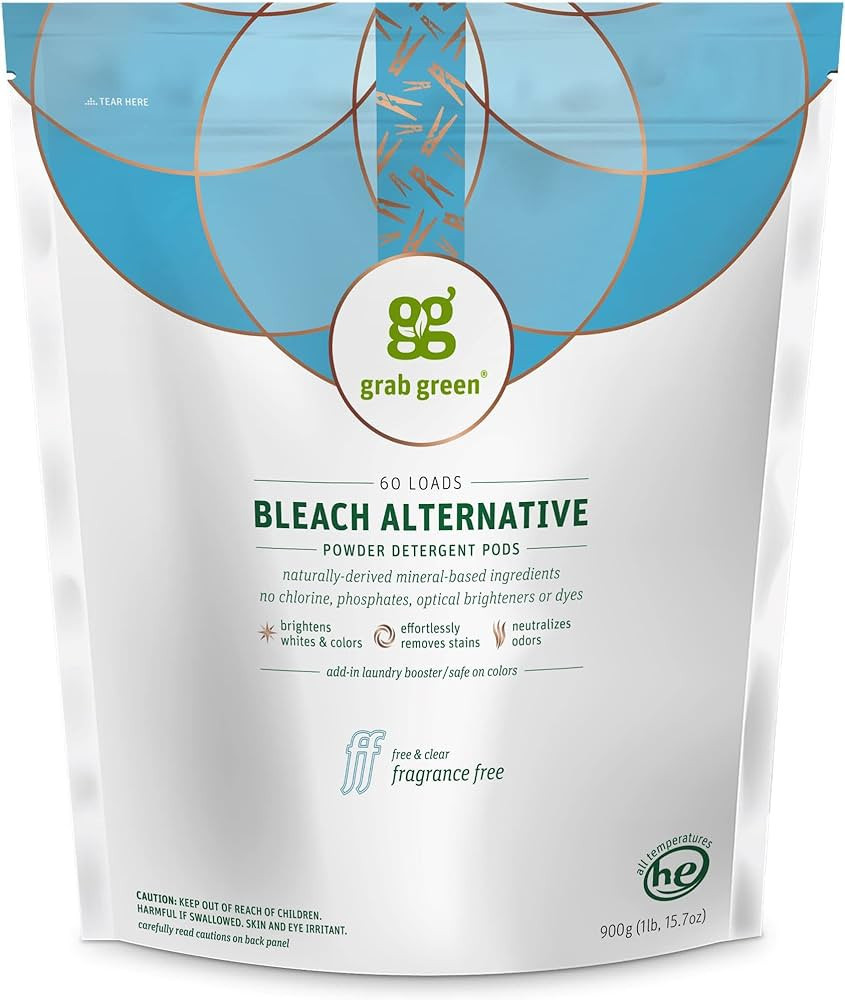 Grab Green Bleach Alternative Pods, 60 Count, Chlorine Free, Fragrance Free, Plant and Mineral Ba... | Amazon (US)