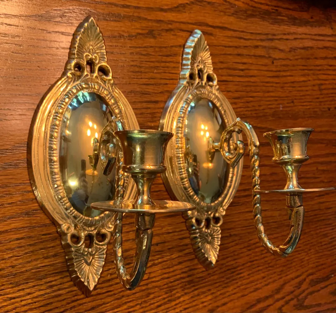 Pair of Vintage Brass Candle Wall Sconces - Gold Candlesticks for Victorian Decor - Etsy | Etsy (US)