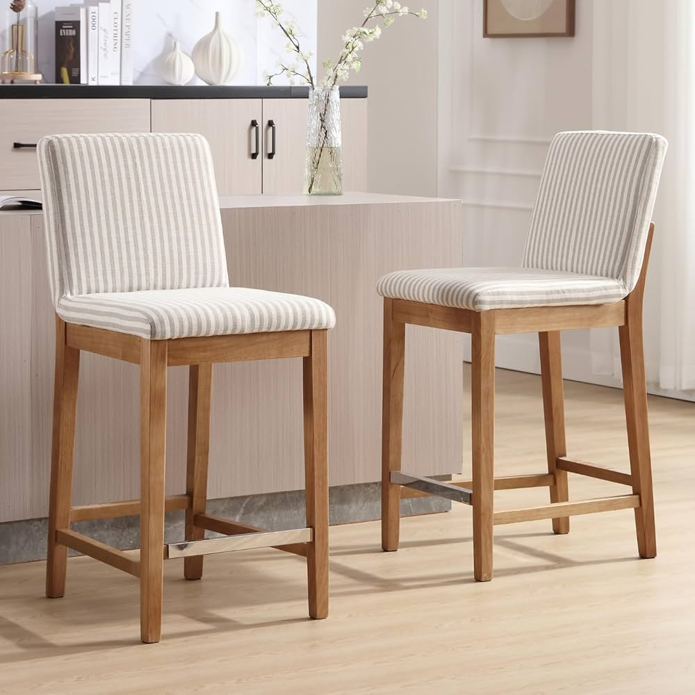 Wood Counter Height Bar Stools Set of 2 Linen Fabric Kitchen Island Stools with Back 26" Mid Cent... | Amazon (US)