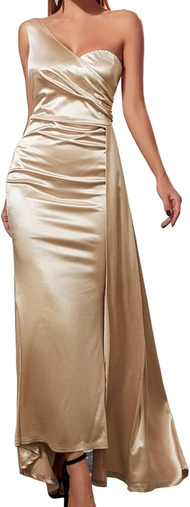GZYIGE One Shoulder Bridesmaid Dresses Long Satin Formal Evening Party Prom Dress Gowns for Women wi | Amazon (US)