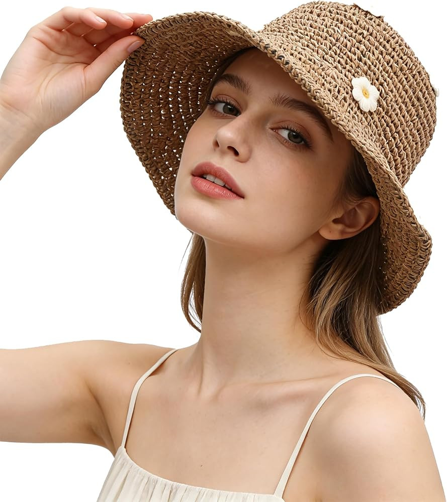 MILAKOO Crochet Bucket Hat Knit Braided Floppy Soild Color Cap for Women Foldable Sun Bowler Hat | Amazon (US)