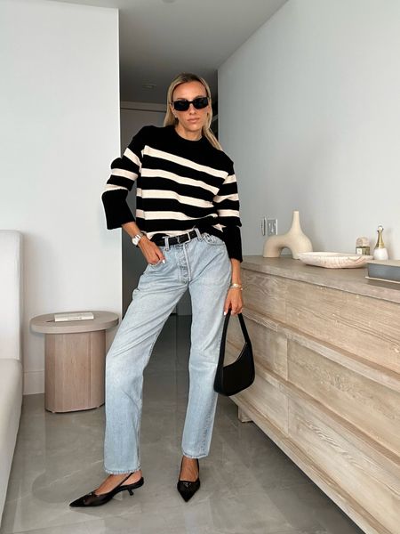 Love a jean and a striped crewneck sweater combo.  Elevate the look with accessories. Wearing 24 jean, xs sweater 

Jeans, fall outfits



#LTKstyletip