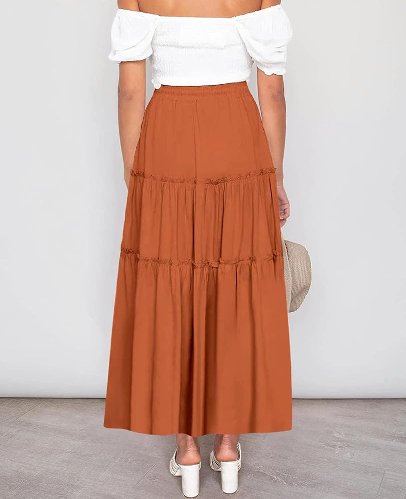 NASHALYLY Skirts for Women Boho Elastic Waisted Drawstring Swing Ruched 3 Tiered Maxi Skirt with Poc | Amazon (US)