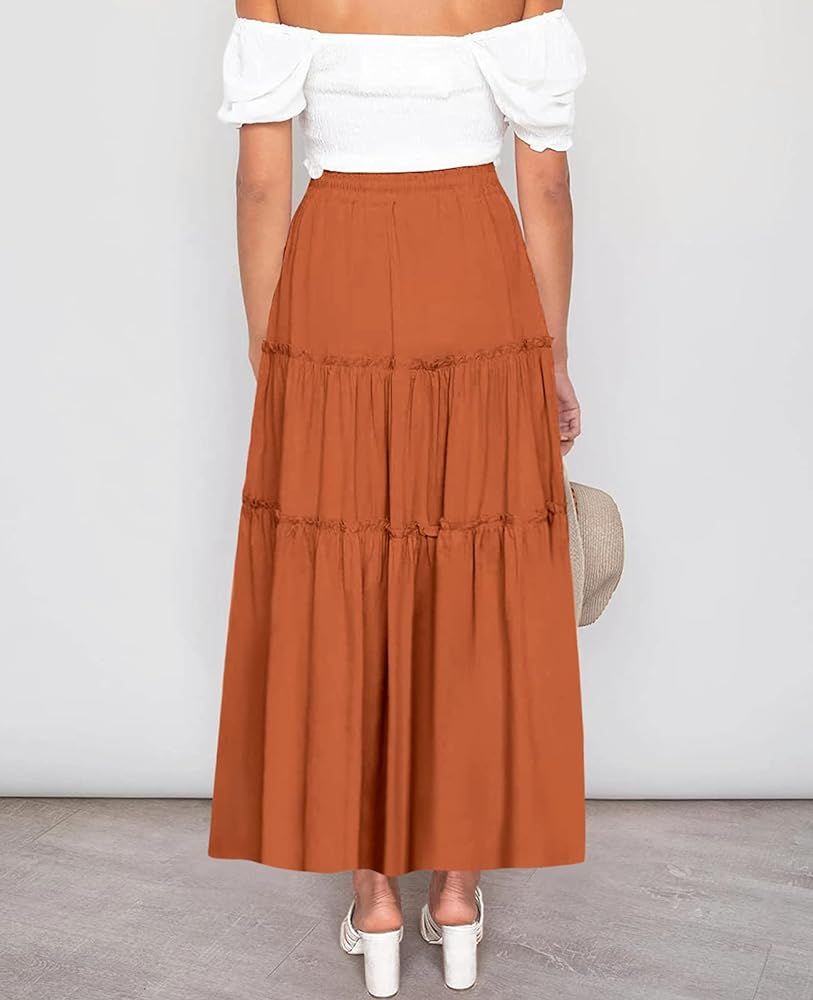 NASHALYLY Skirts for Women Boho Elastic Waisted Drawstring Swing Ruched 3 Tiered Maxi Skirt with Poc | Amazon (US)
