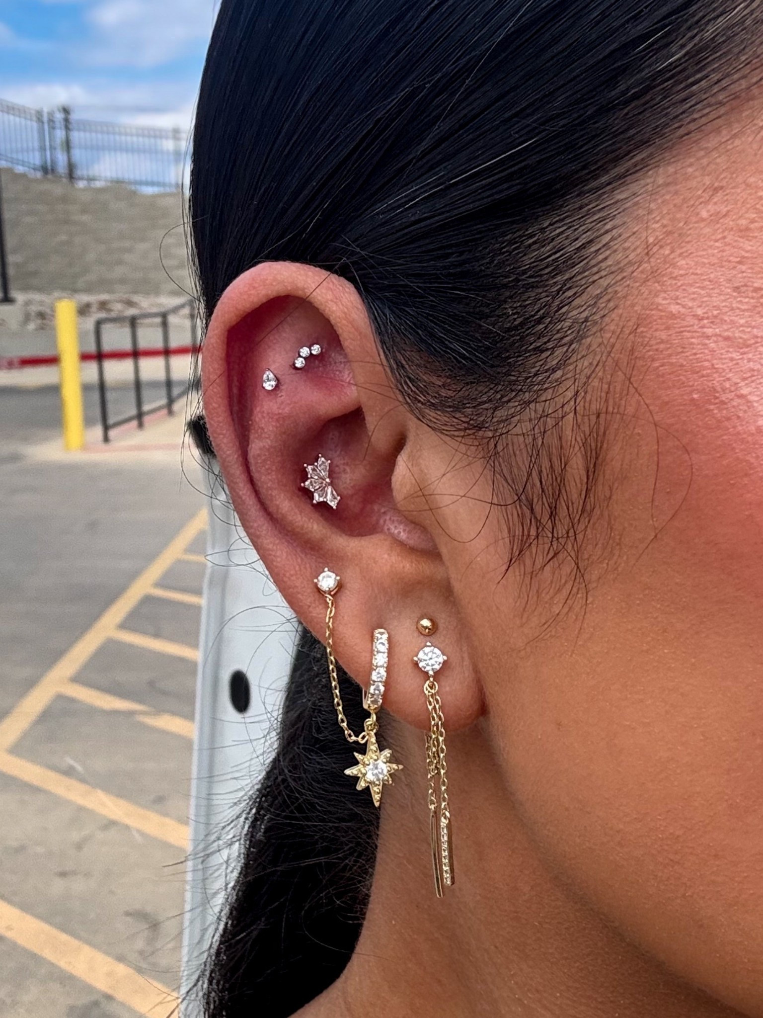 Lobe earrings are Amazon. The rest are from local piercers. 