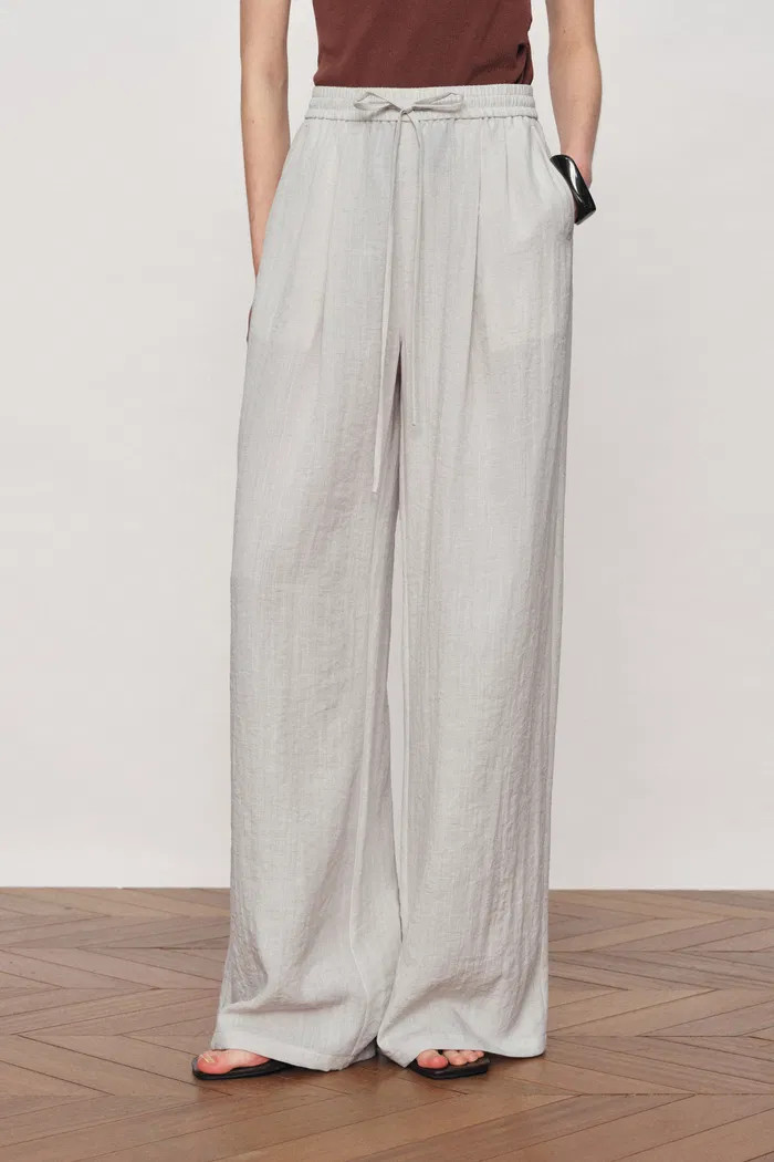 Eva Ivory Ruched Drawstring Wide Leg Casual Pants in Lightweight Linen | Fabrique