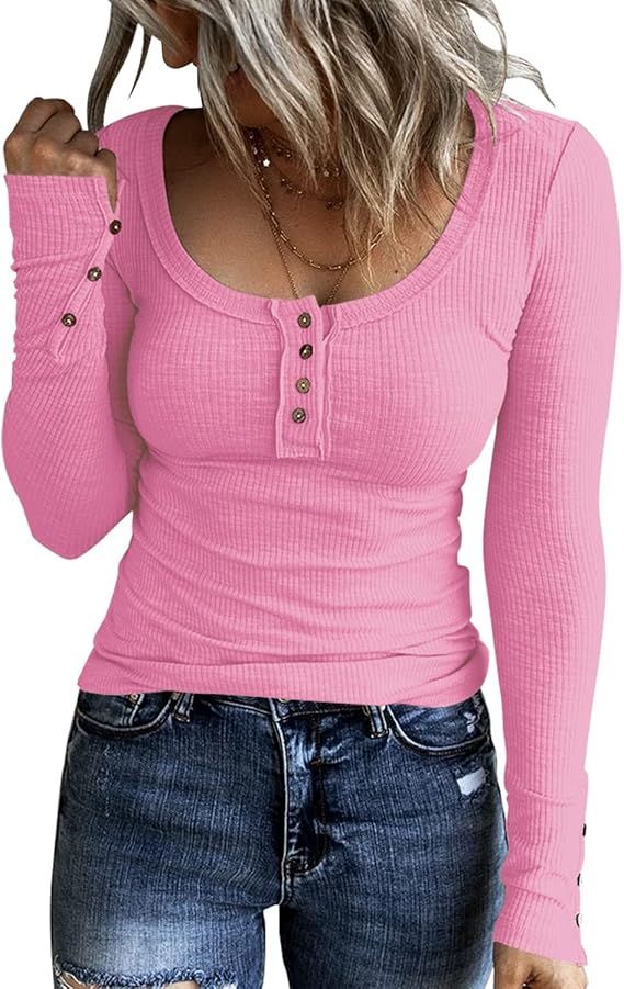 KINLONSAIR Women’s Long Sleeve Henley T Shirts Button Down Slim Fit Tops Scoop Neck Ribbed Knit... | Amazon (US)